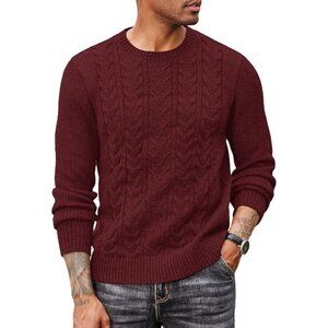 Coofandy Men Wine Red Crewneck Pullover Twist Textured Fisherman Sweater